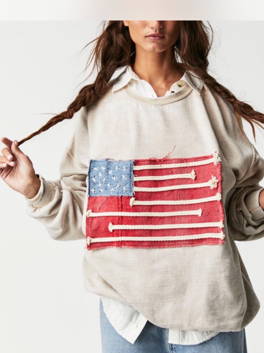 Free People x Tricia Fix Americana Flag Sweatshirt Size M +FP Reusable bag